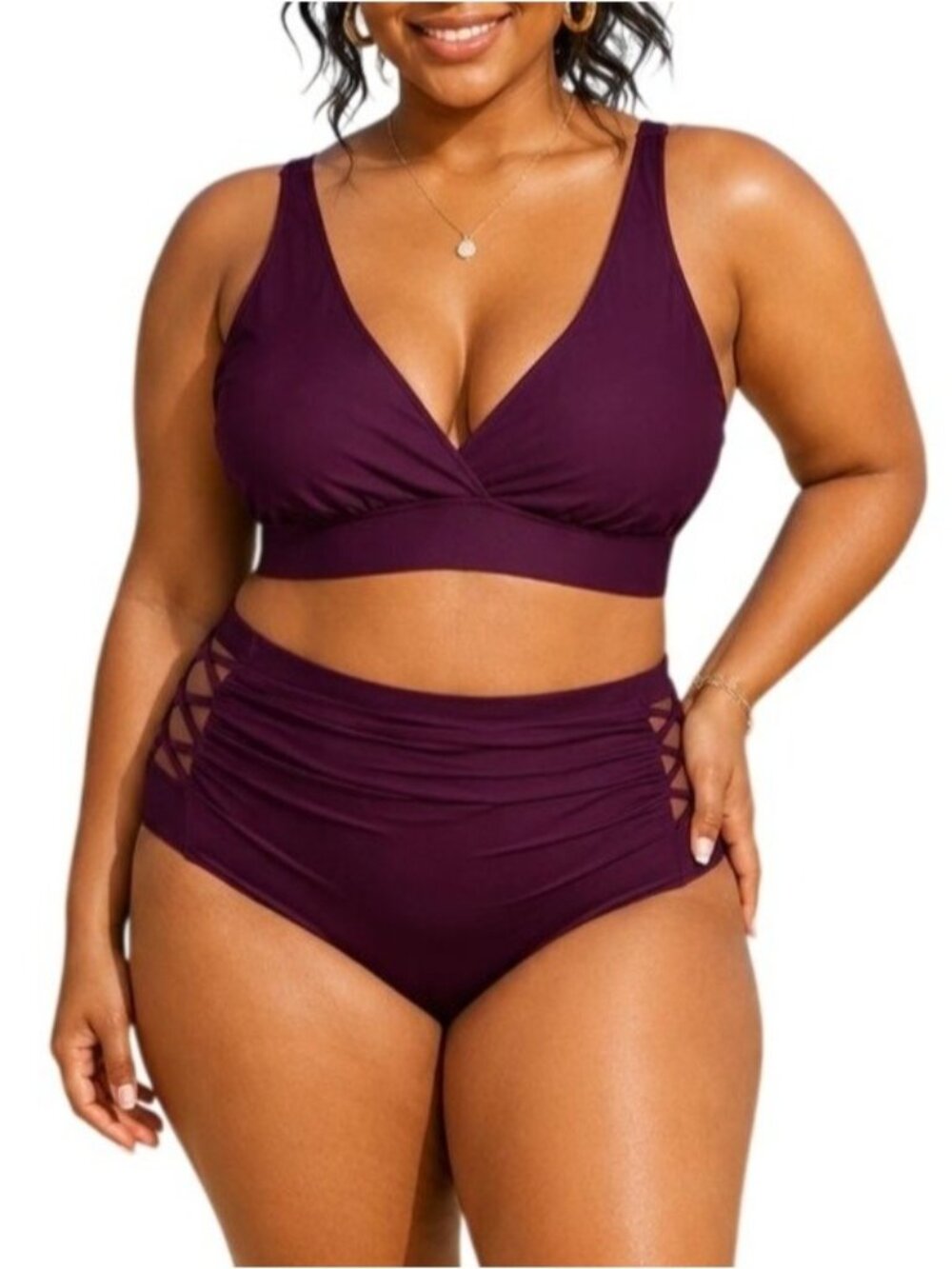 Yonique Plus Size 14W Bikini Set Burgundy High-Waist Ruched Criss-Cross Swimsuit